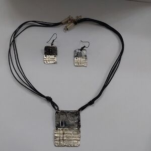 Handcrafted Silver-Tone Pendant Necklace & Earring Set - Black Cord